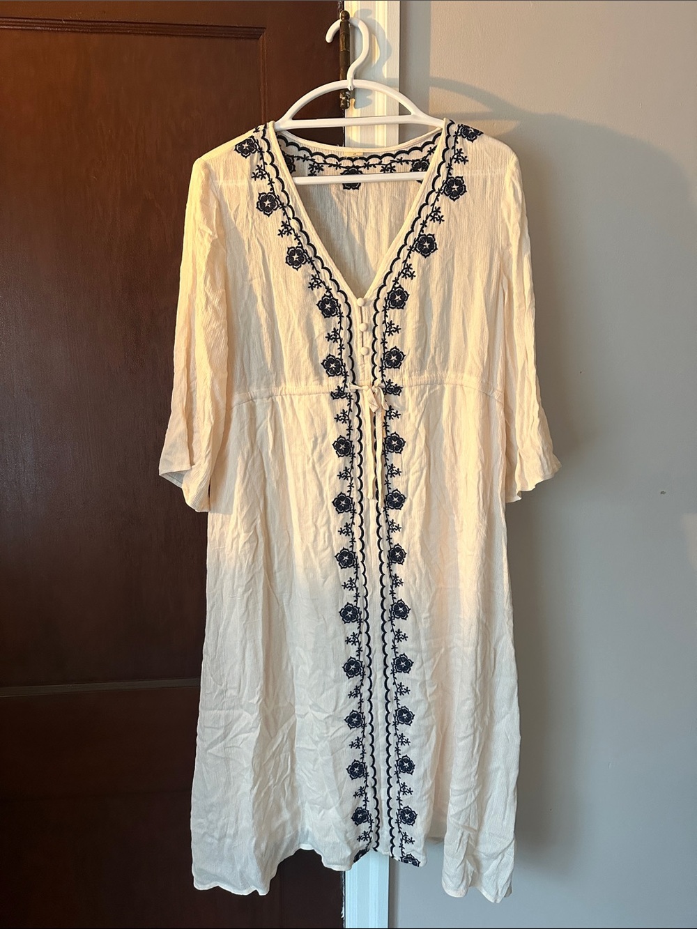 Beige Floral Embroidered 3/4 Sleeve Maternity Midi Dress